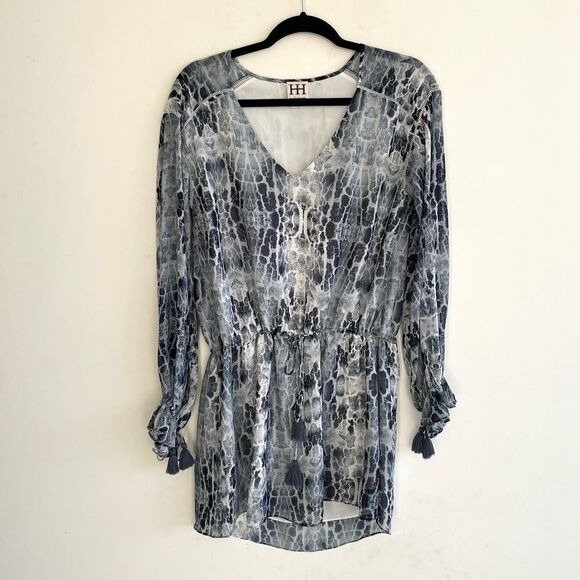 HAUTE HIPPE Tie-Dye Boho Gypsy V-Neck Long Sleeve Mini Dress Blue XS - Picture 2 of 8